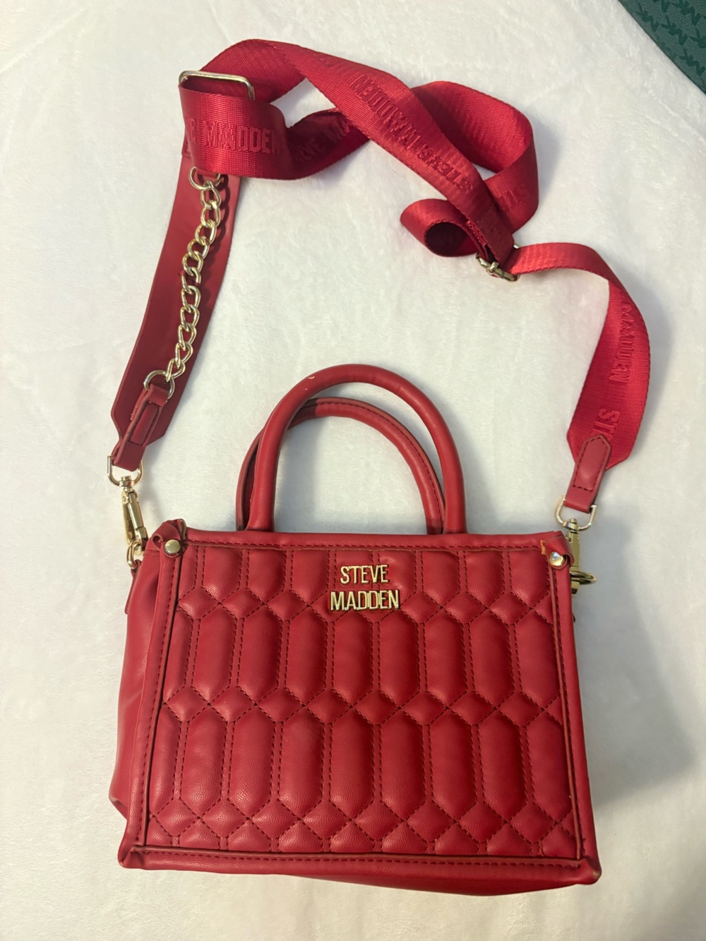 Steve Madden Red Quilted Satchel with Gold Chain Strap